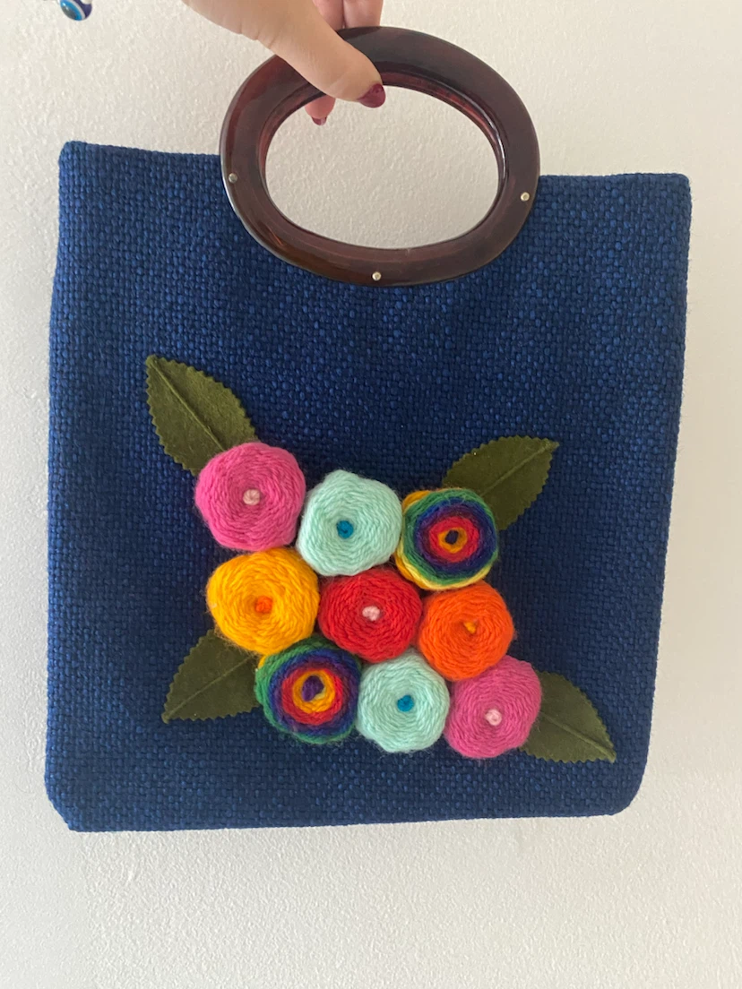 Vintage Blue Woven Handbag with Flower Detail