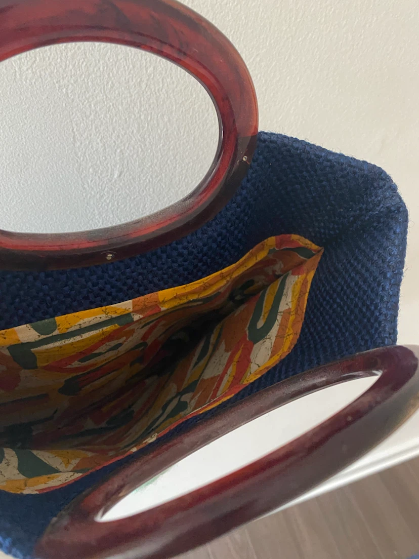 Vintage Blue Woven Handbag with Flower Detail - photo 2
