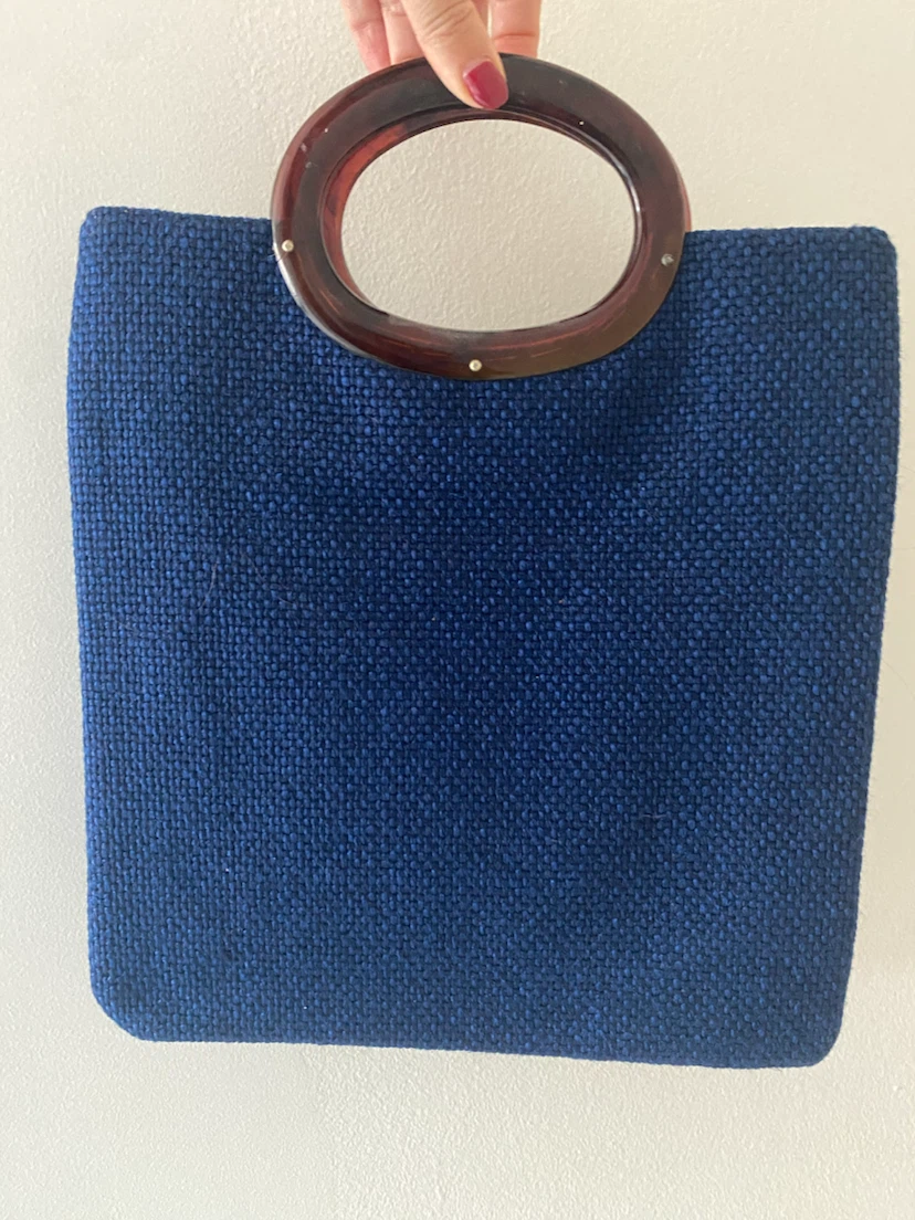 Vintage Blue Woven Handbag with Flower Detail - photo 3