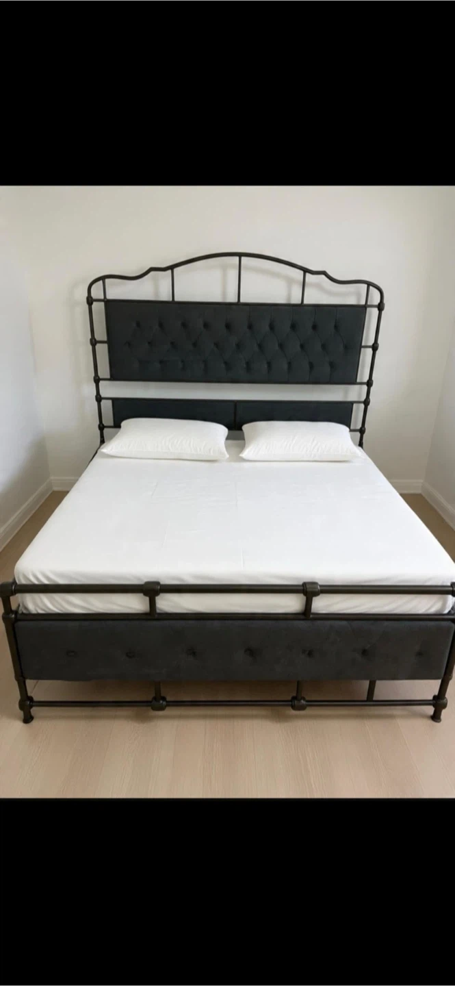 Queen size metal and tufted bed frame
