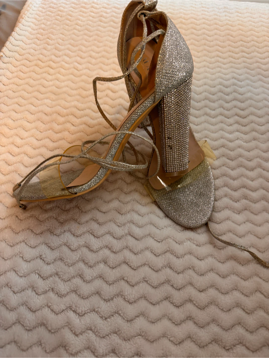 Lala Ikai Silver Glitter Lace-Up Heels