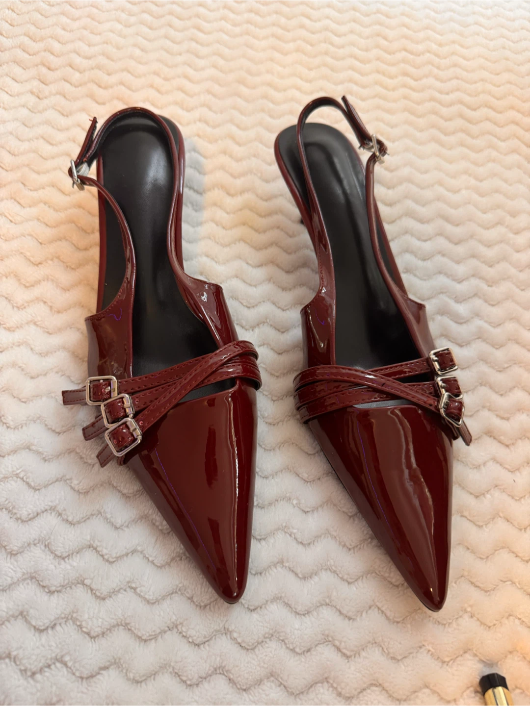 Burgundy Patent Pointed Toe Slingback Heels