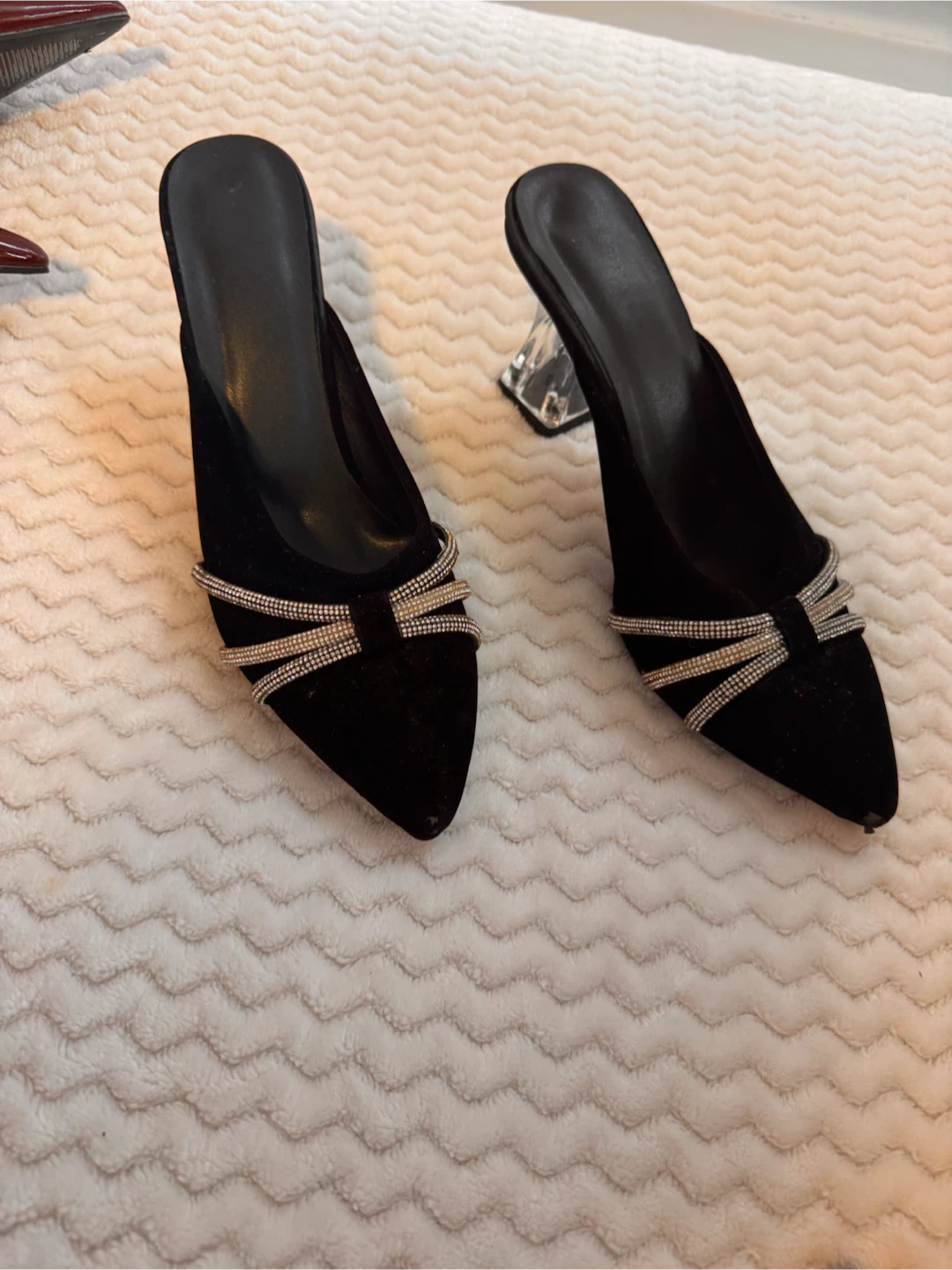 Black Pointed Toe Mules with Crystal Heel - Size 40