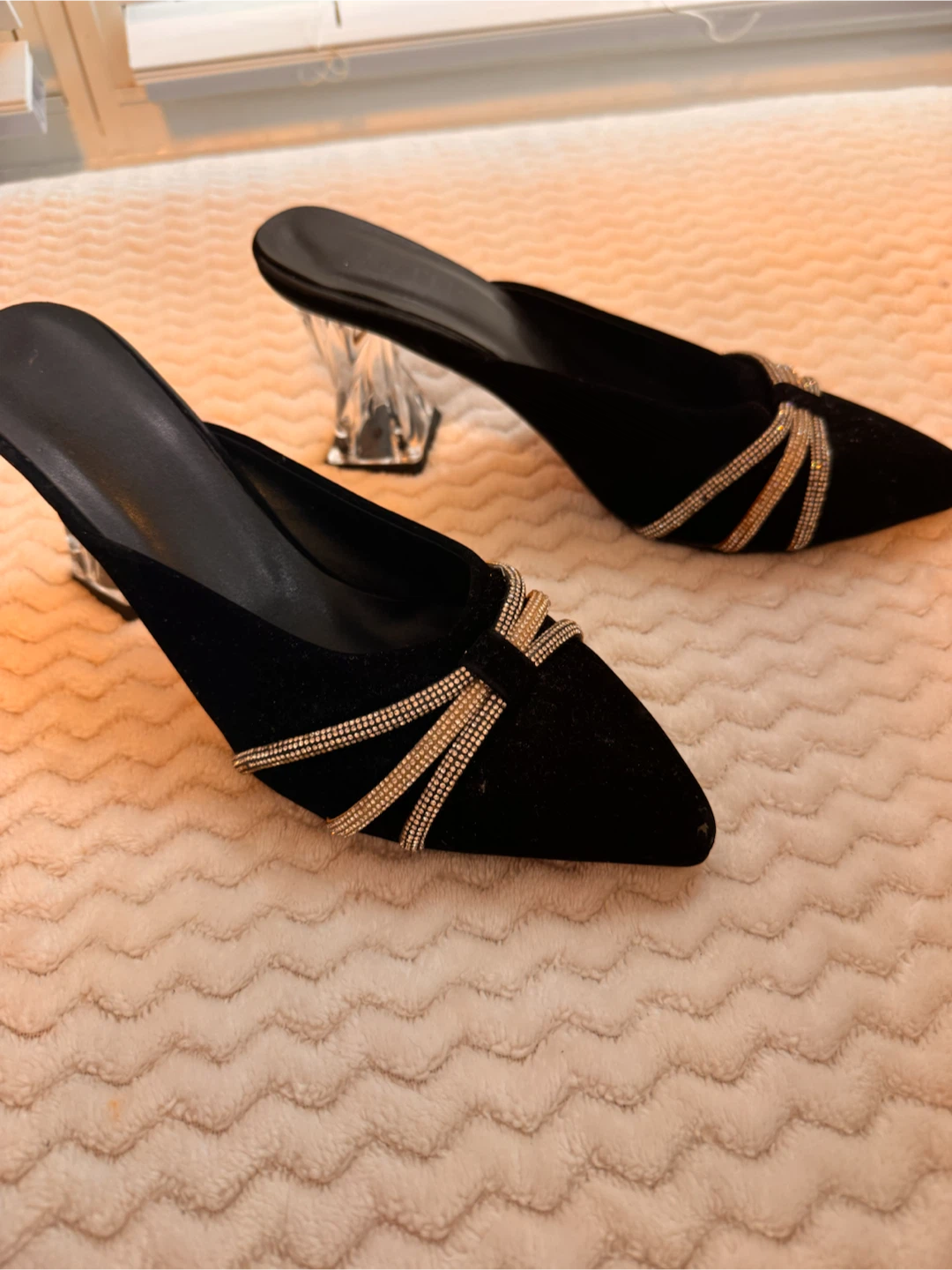 Black Pointed Toe Mules with Crystal Heel - Size 40 - photo 2