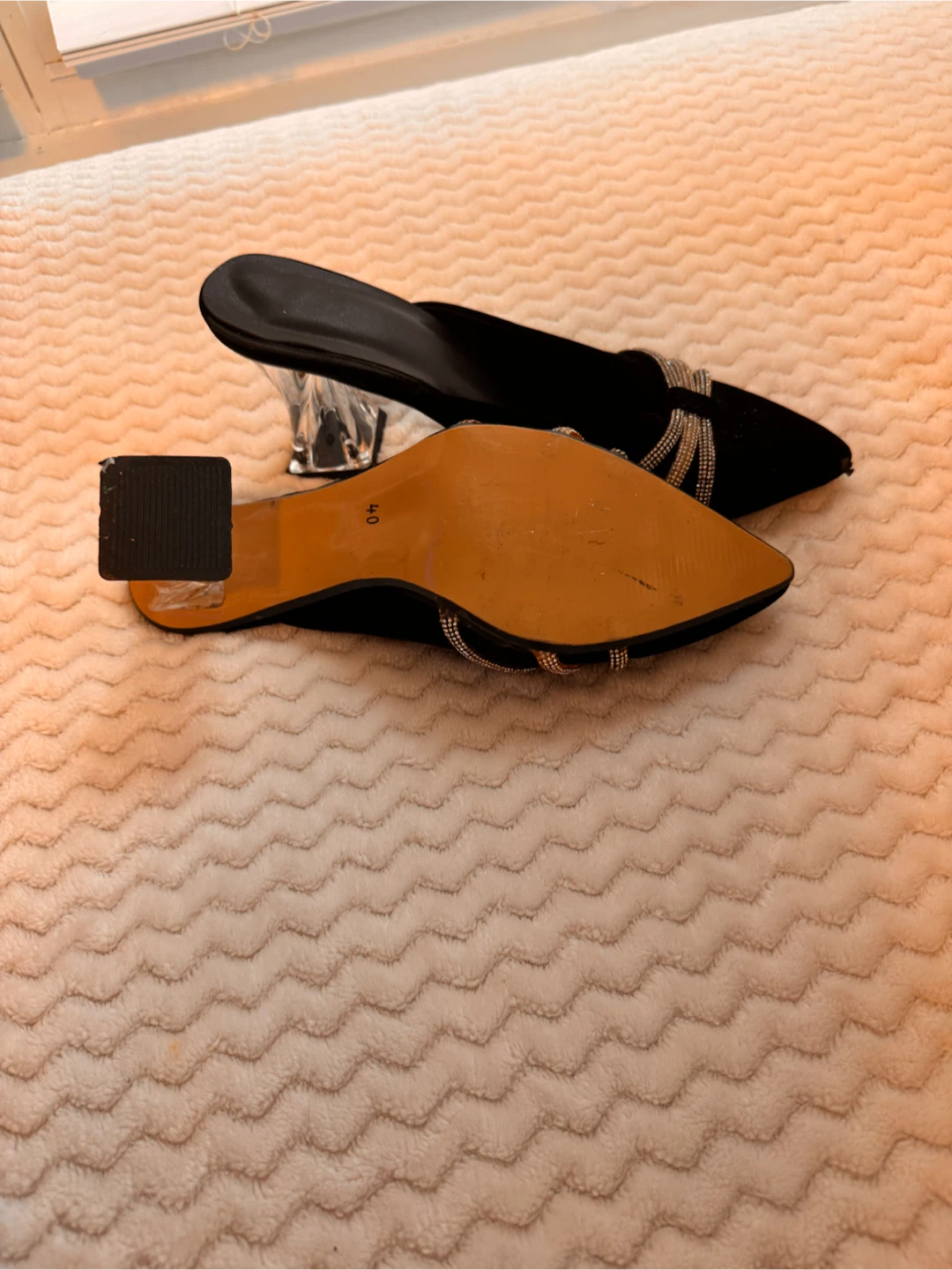 Black Pointed Toe Mules with Crystal Heel - Size 40 - photo 3