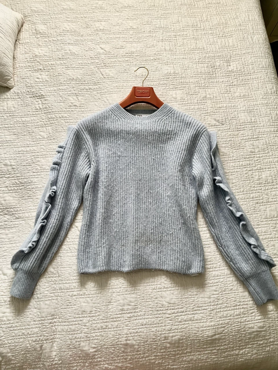 Zara Light Blue Ribbed Ruffle Sleeve Sweater