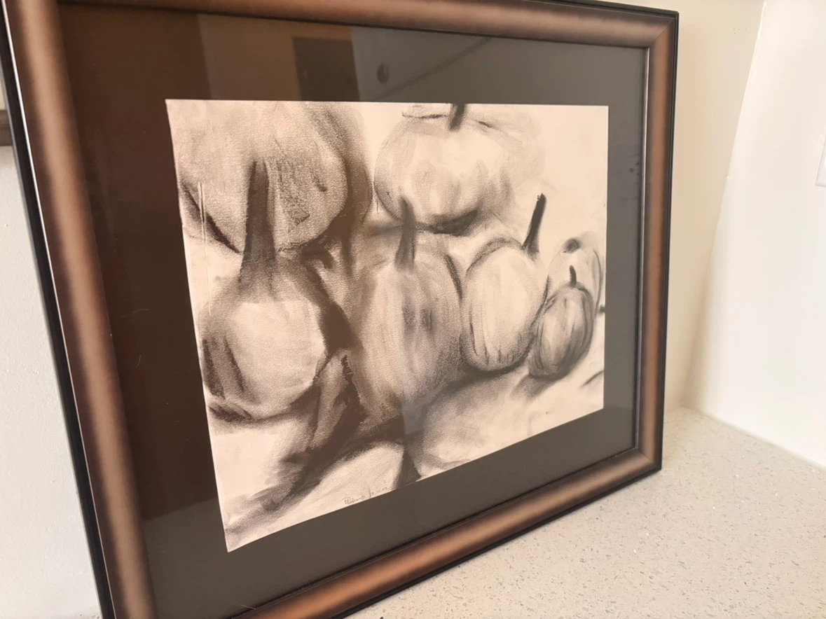 Charcoal Still Life Pumpkin Drawing in Brown Frame