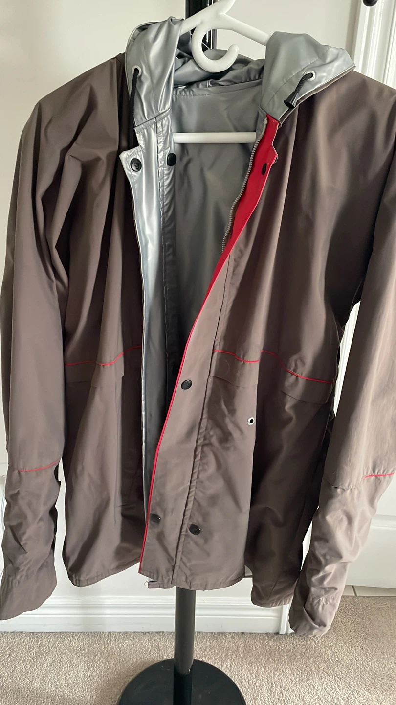 Unisex Brown Rain Jacket with Red Accents
