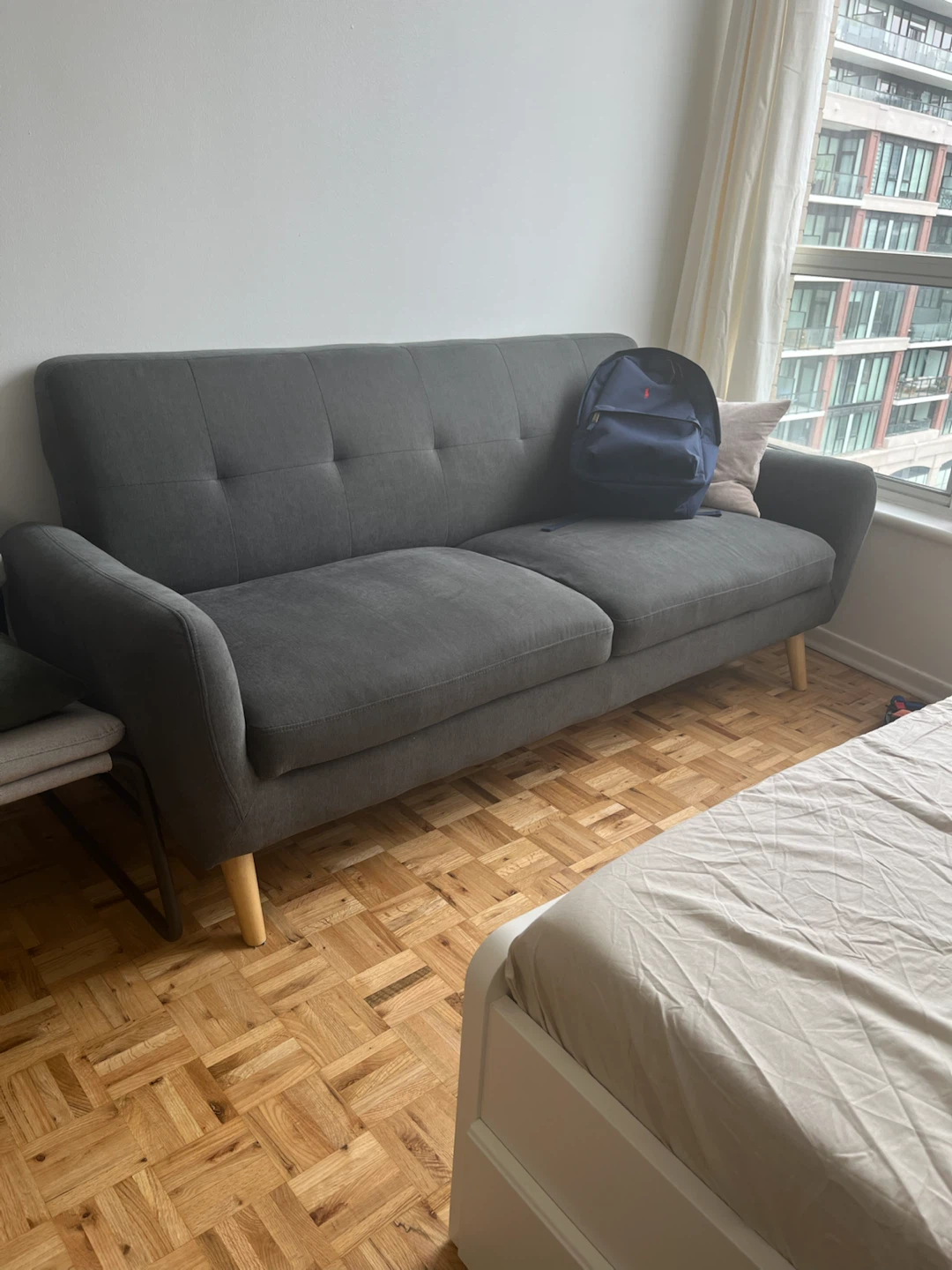 Structube 3 seater grey tufted sofa
