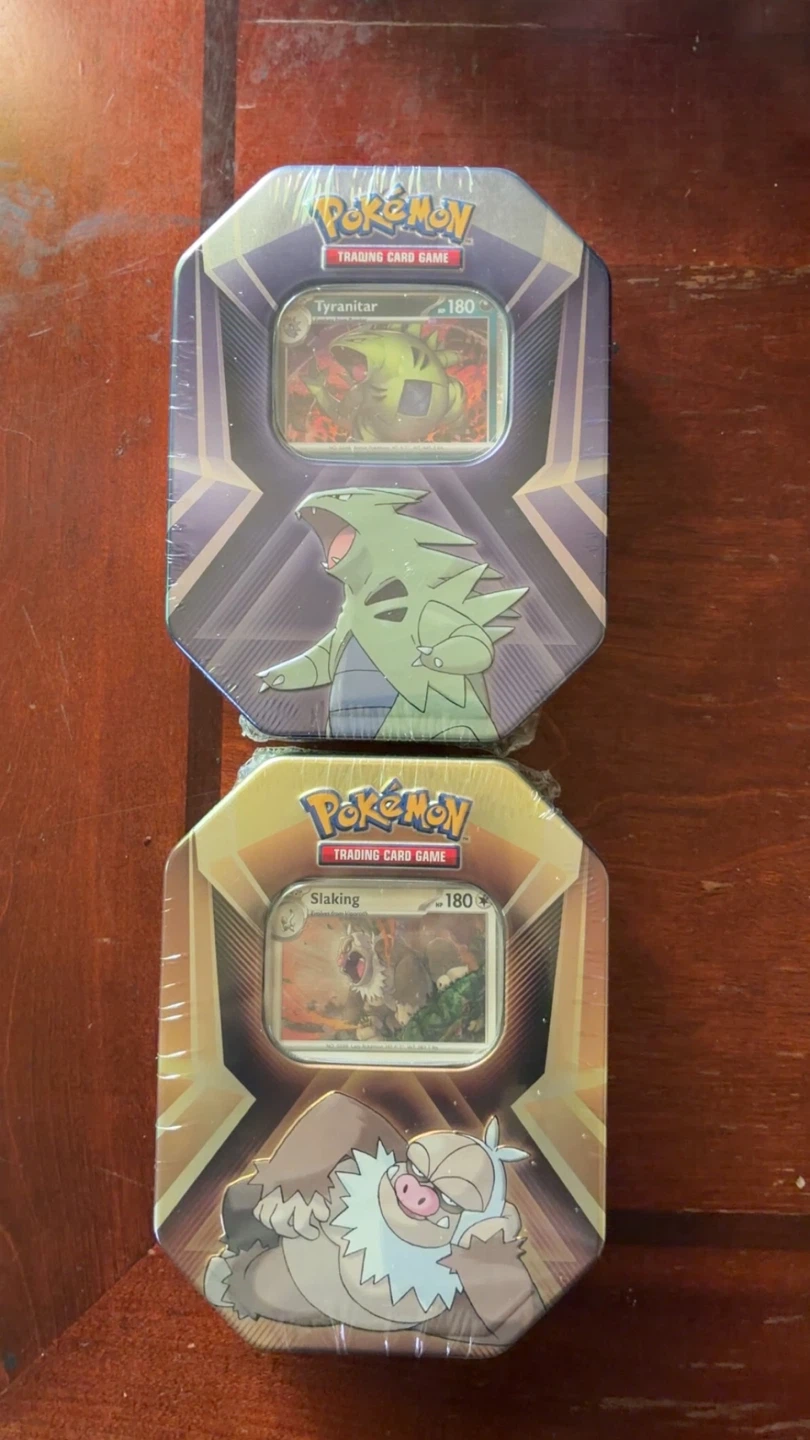 SEALED Pokémon TCG Tyranitar and Slaking Tins