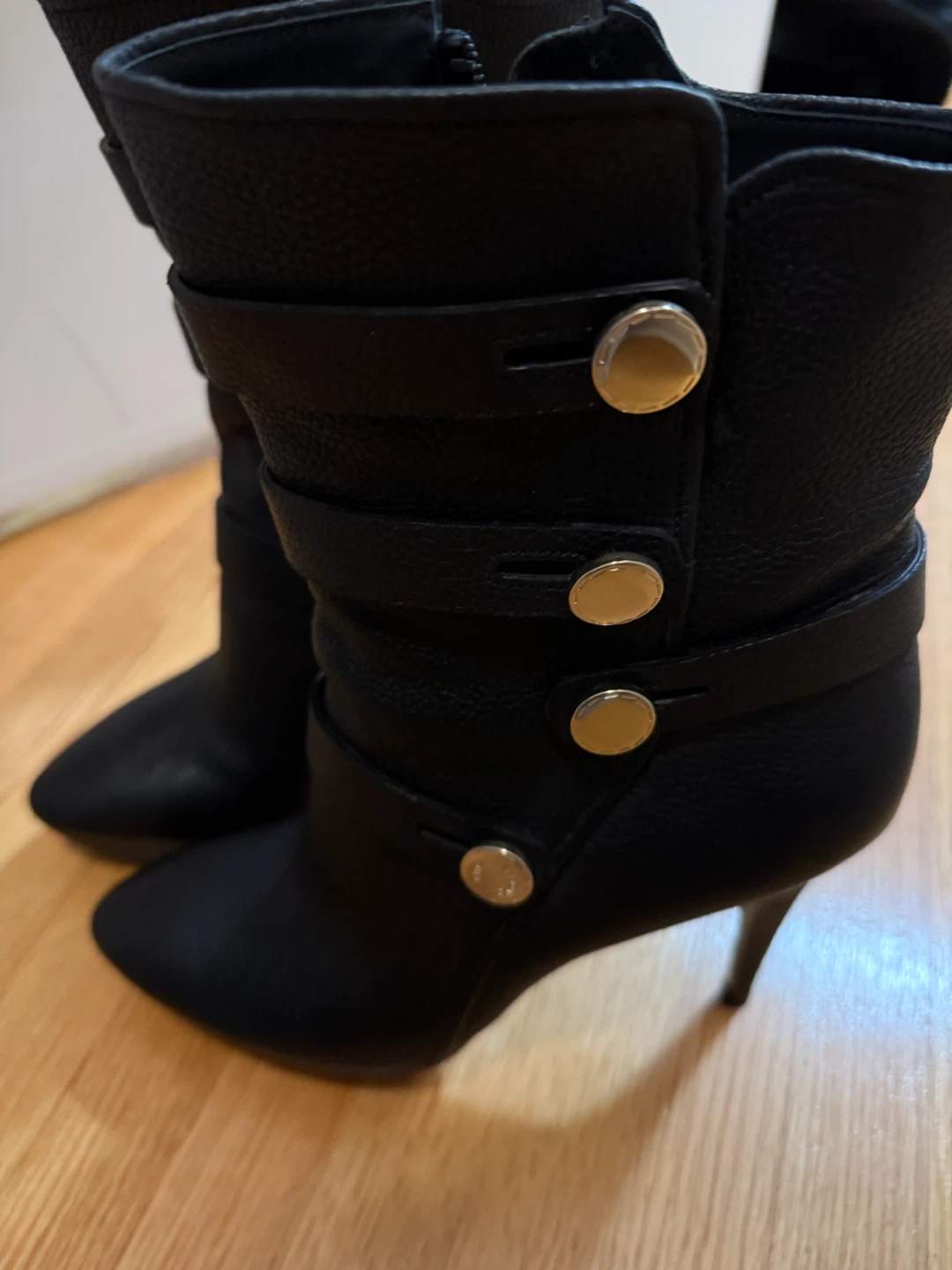Black Heeled Ankle Boots with Button Detail