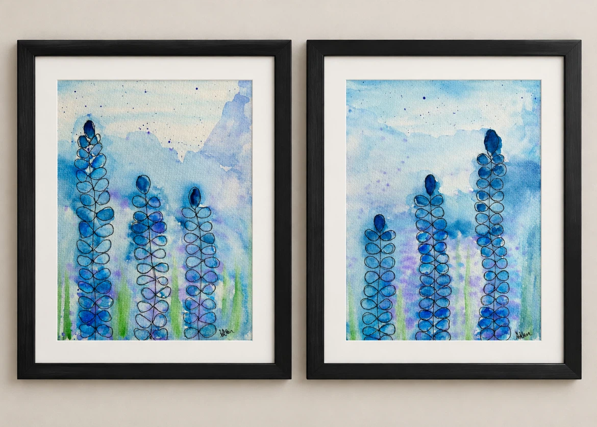 Two Blue Floral Watercolour Paintings