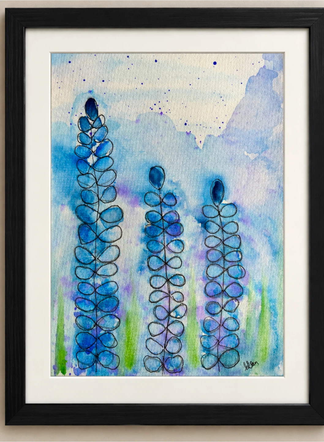 Two Blue Floral Watercolour Paintings - photo 2