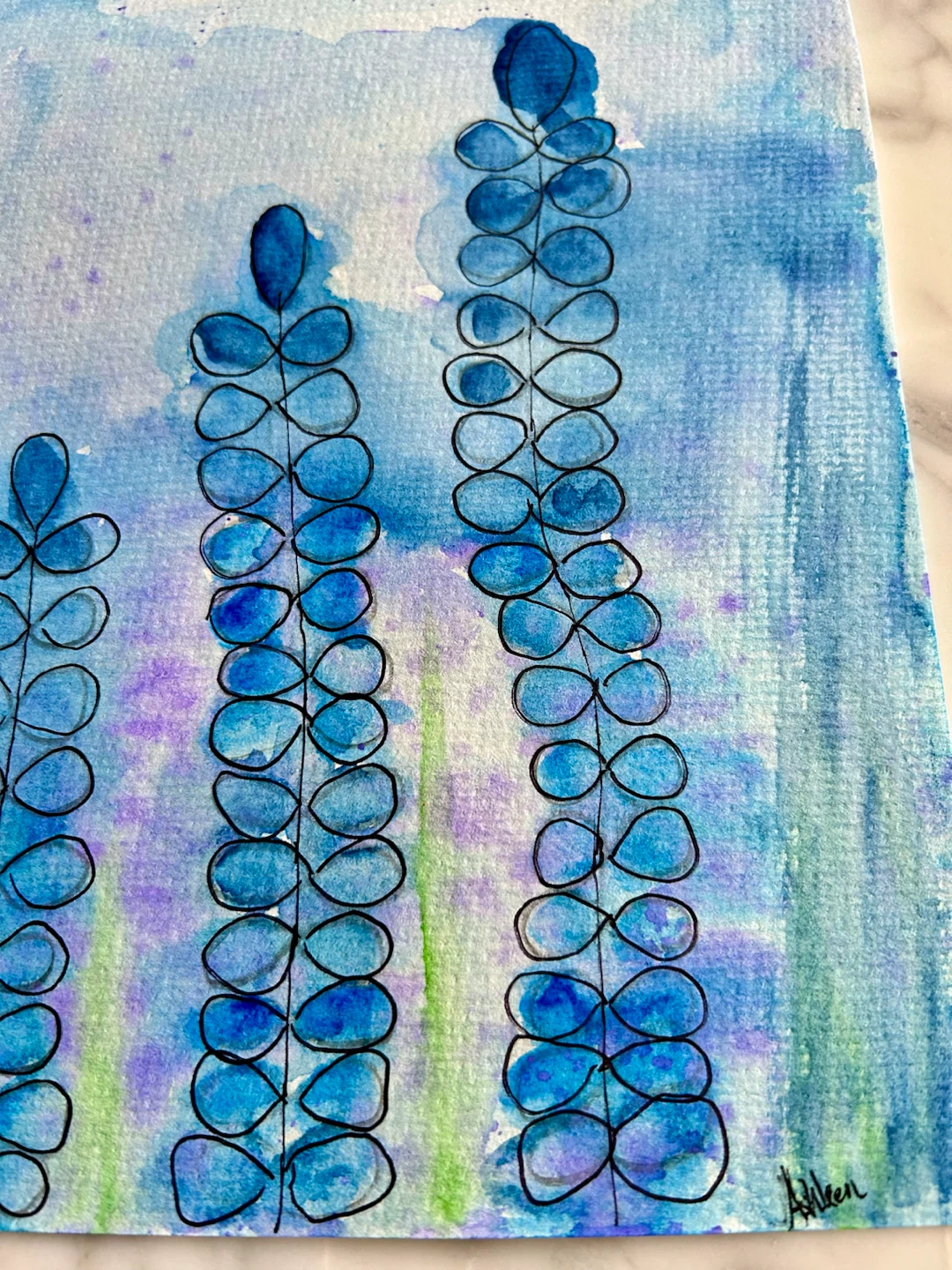 Two Blue Floral Watercolour Paintings - photo 3