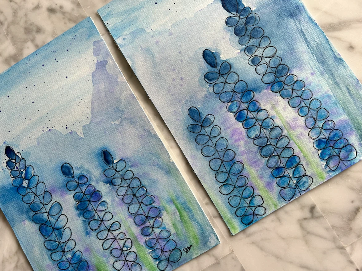 Two Blue Floral Watercolour Paintings - photo 5