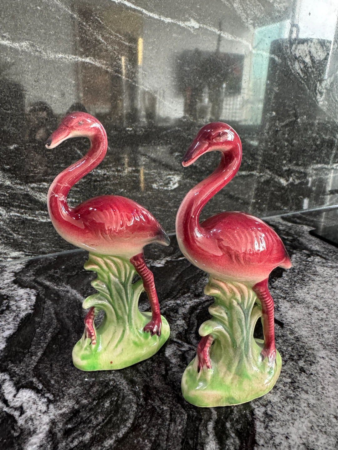 Set of 2 Mid-Century Vintage Ceramic Pink Flamingo Figurines