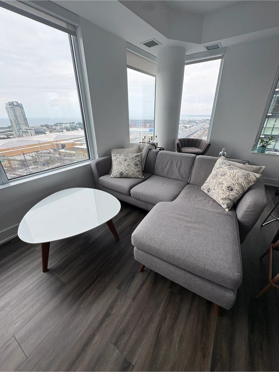 Structube grey sectional couch and coffee table
