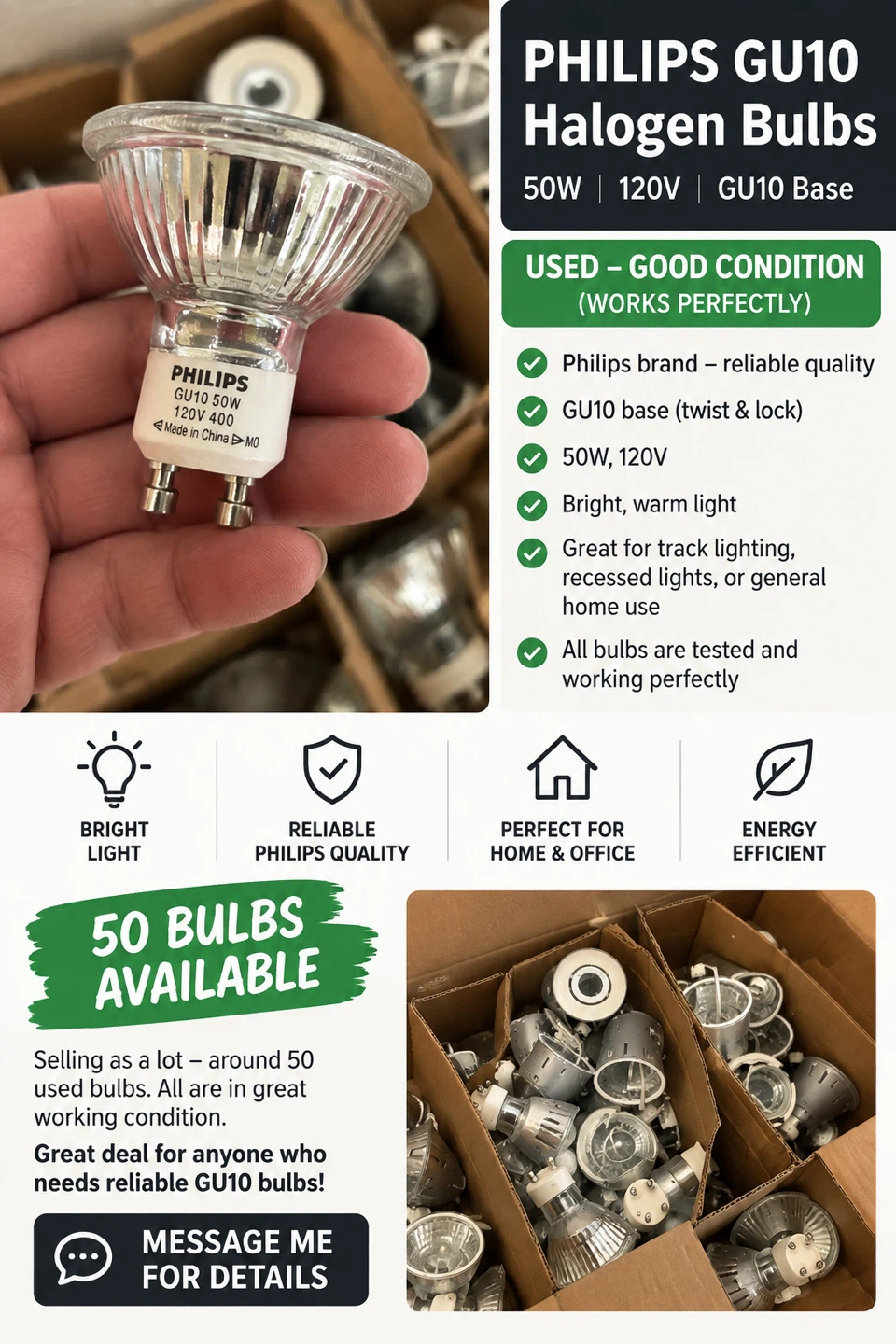💡 Philips GU10 50W Halogen Bulbs – Bulk Lot