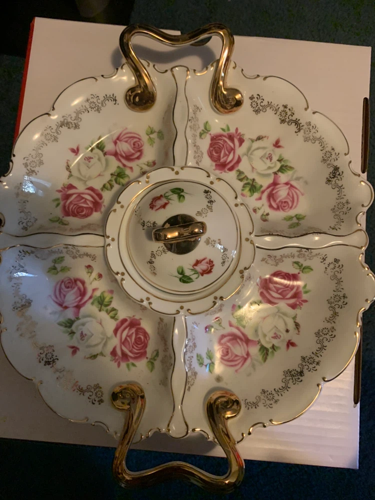 Vintage Rose Patterned Serving Tray with Lidded Dish
