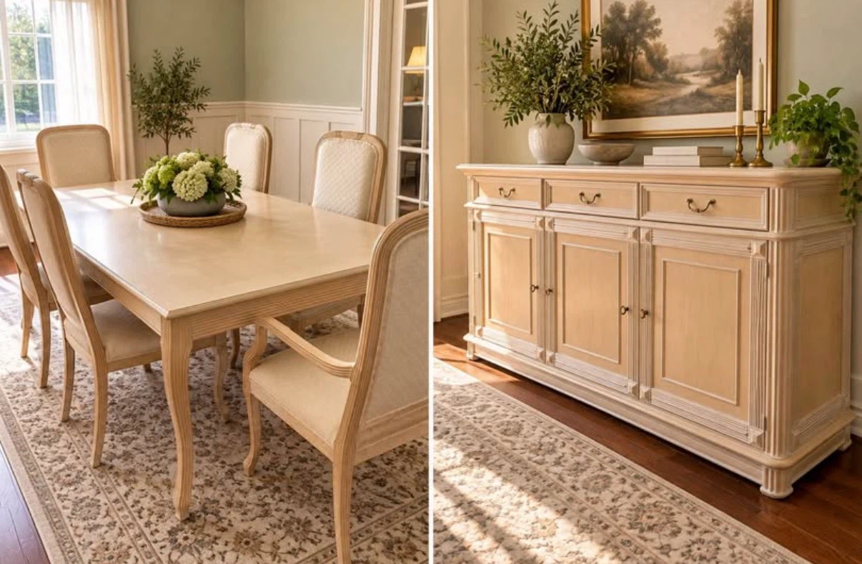 Solid Wood French Provincial Dining Set – Table, 6 Chairs & Buff
