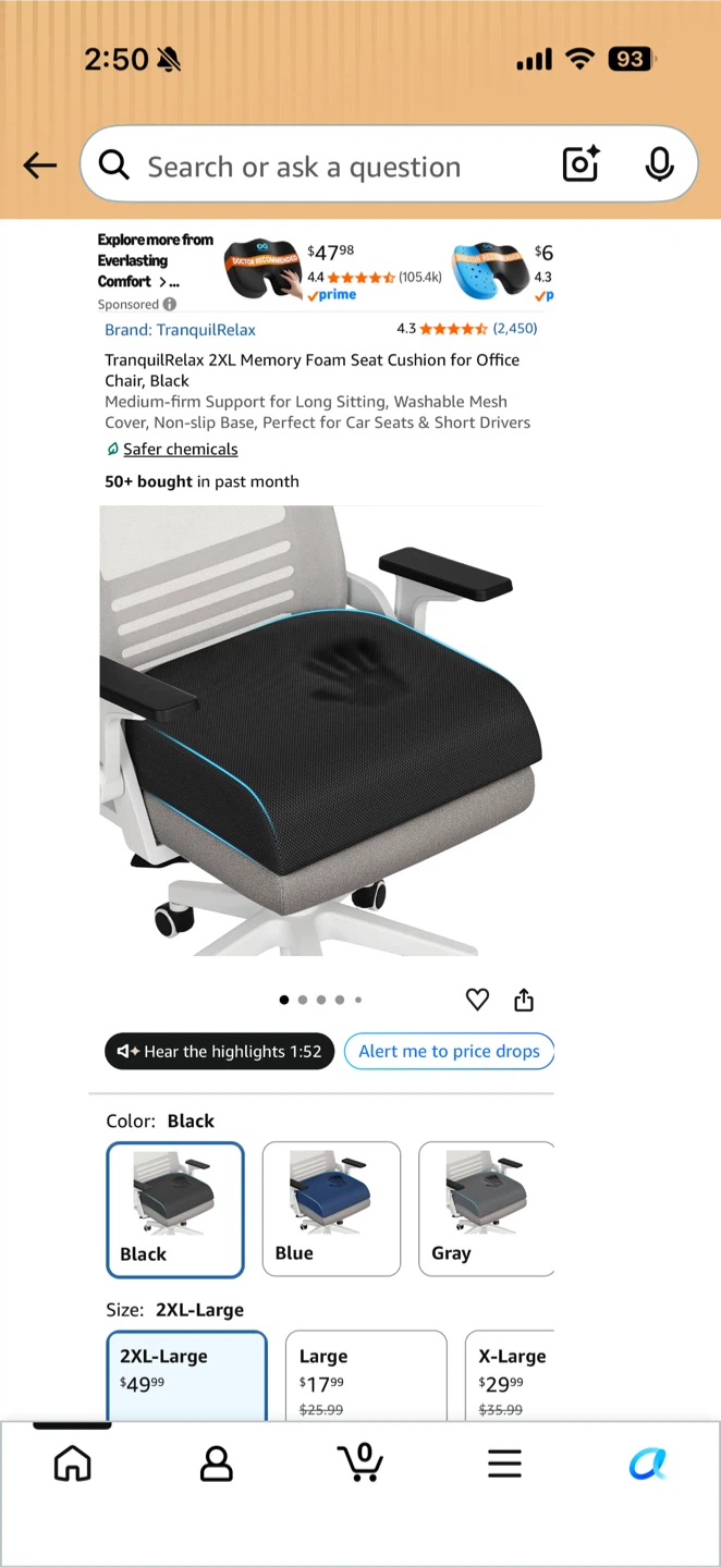 TranquilRelax 2XL Memory Foam Seat Cushion