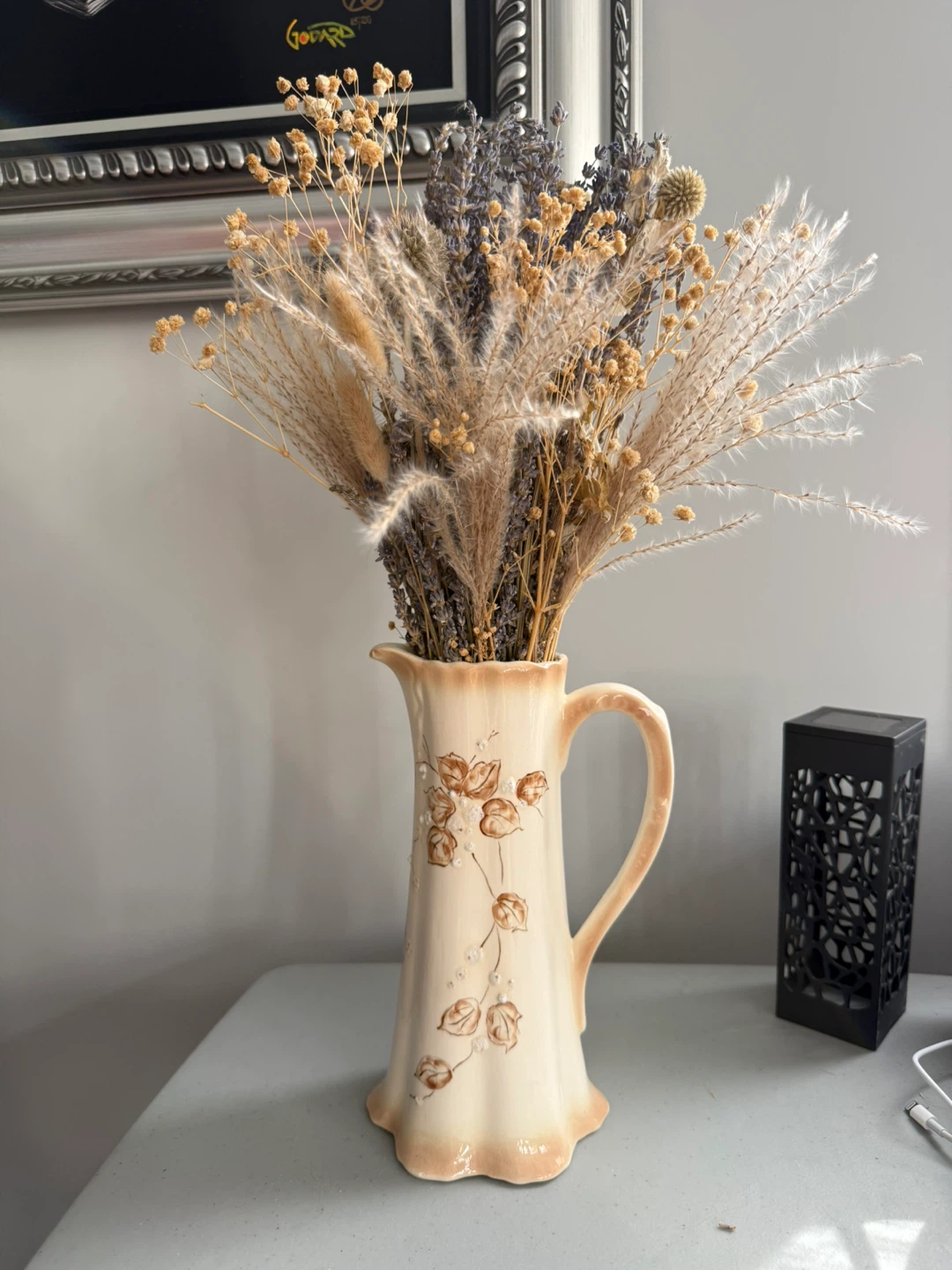 Vintage Ceramic Pitcher Vase with Dried Lavender