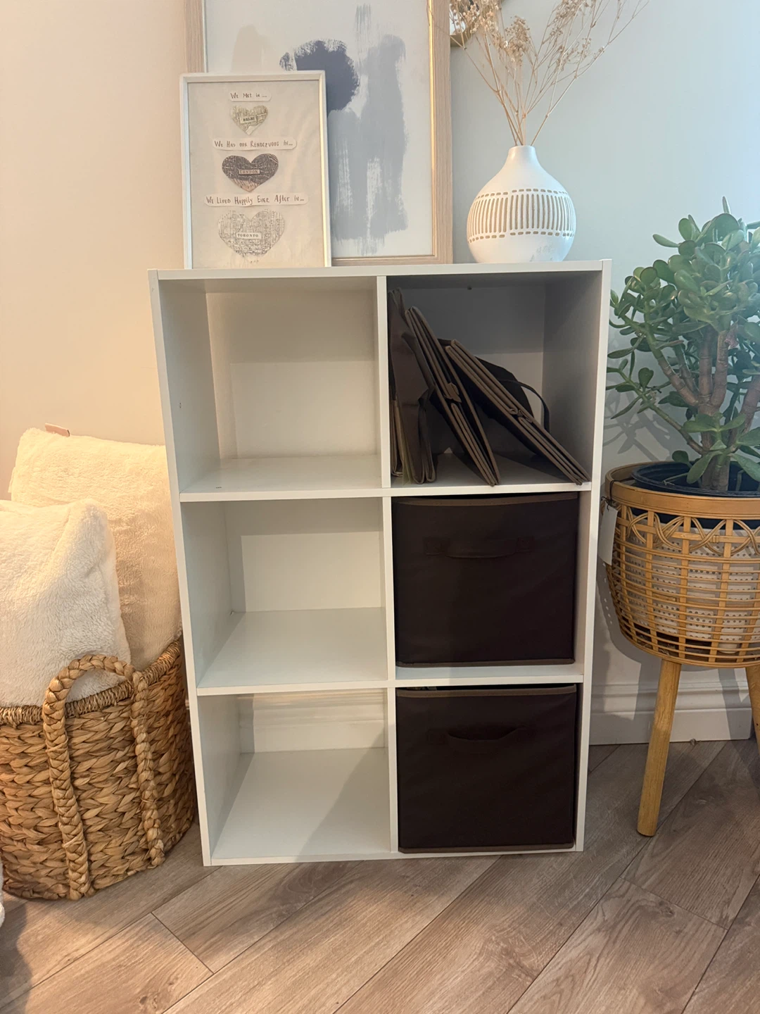 White 6-Cube Storage Organizer with Brown Bins