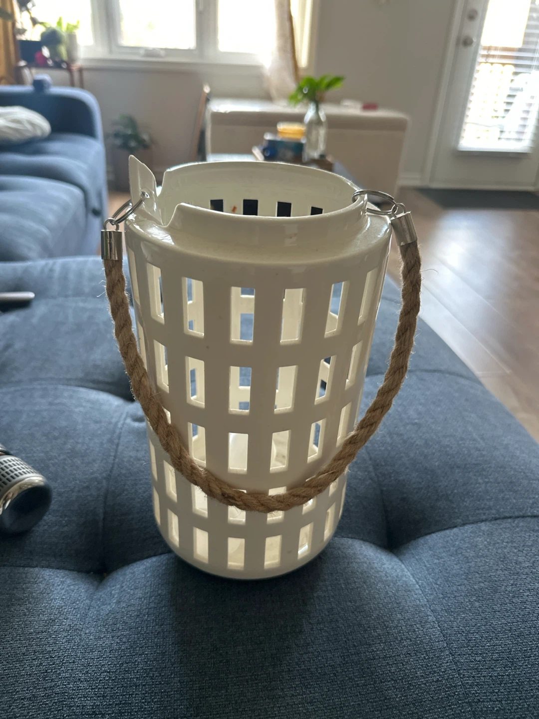 White Ceramic Lantern with Rope Handle