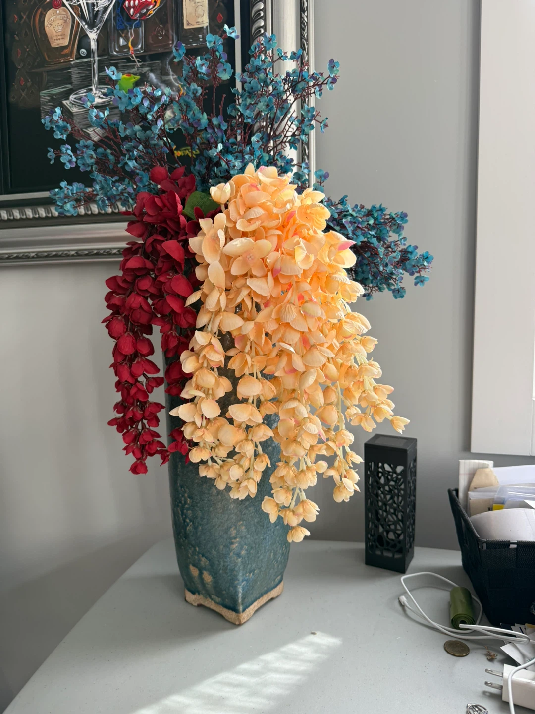 Tall Crackle Glaze Teal Vase with Artificial Flowers