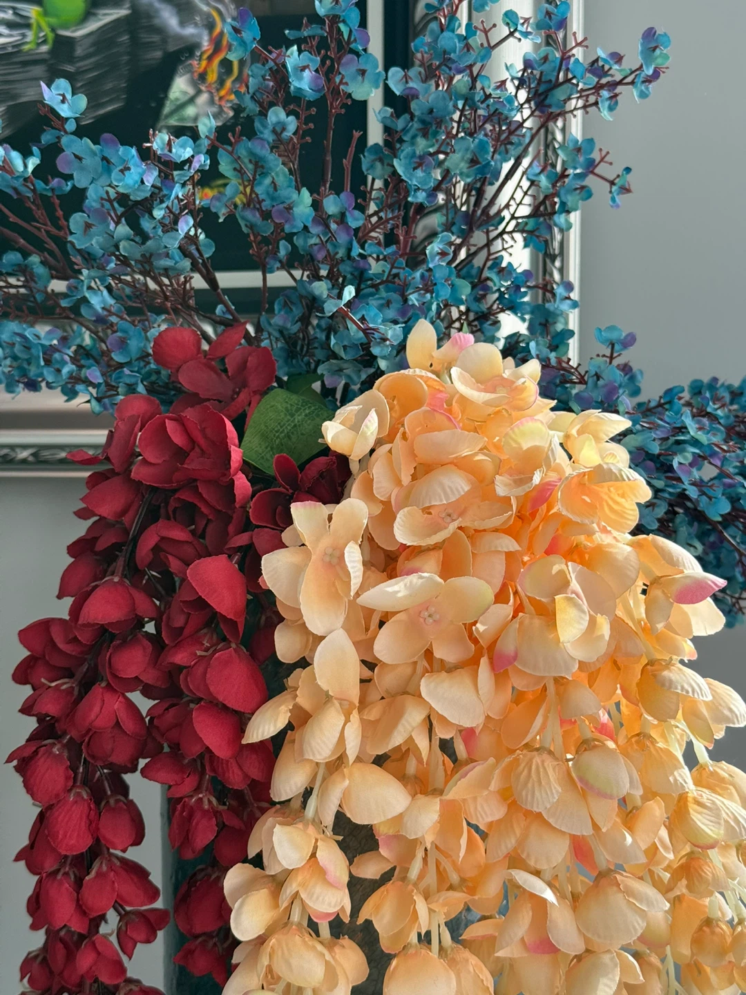 Tall Crackle Glaze Teal Vase with Artificial Flowers - photo 2