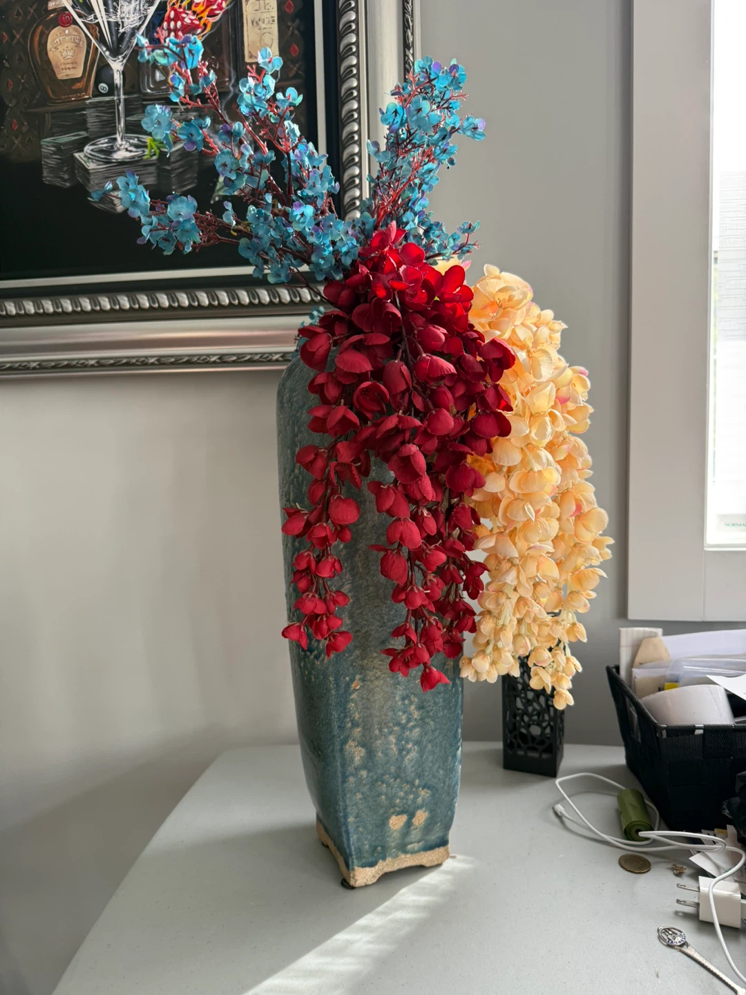 Tall Crackle Glaze Teal Vase with Artificial Flowers - photo 3