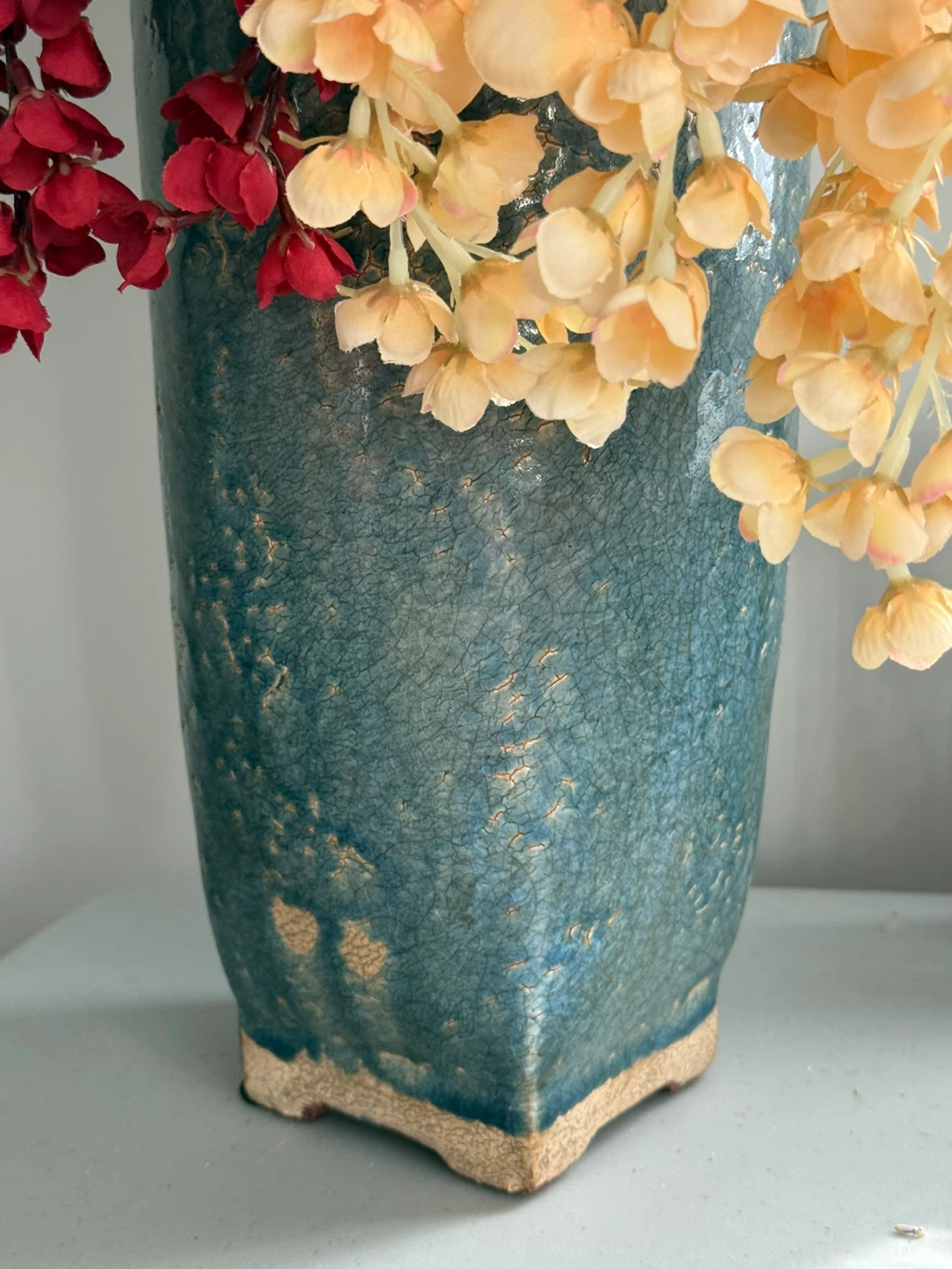Tall Crackle Glaze Teal Vase with Artificial Flowers - photo 4