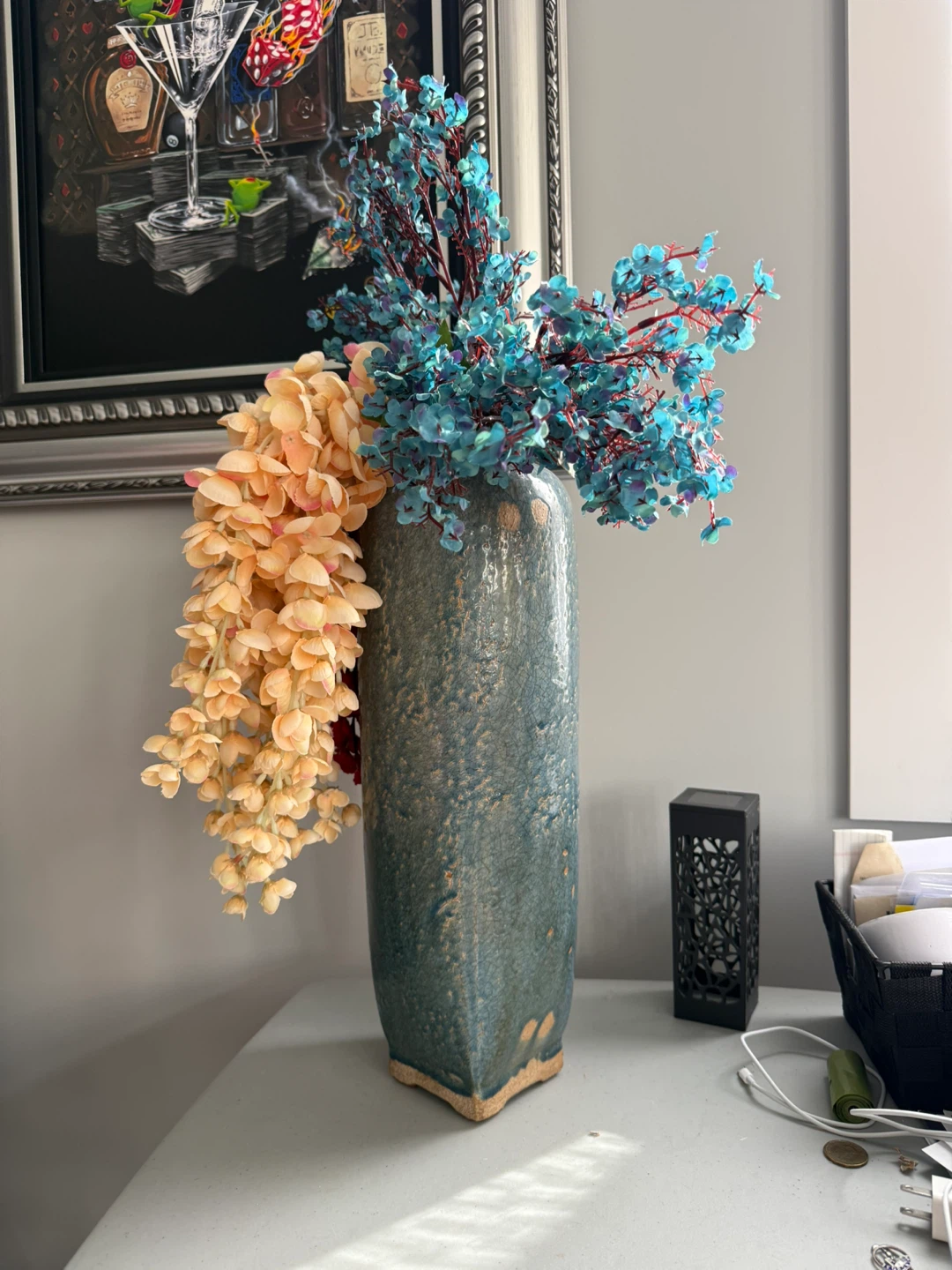 Tall Crackle Glaze Teal Vase with Artificial Flowers - photo 5