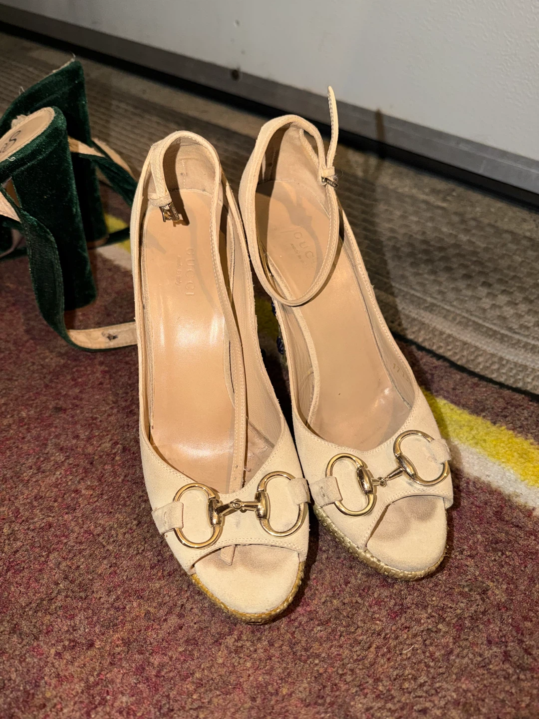 Gucci Beige Suede Horsebit Wedge Sandals