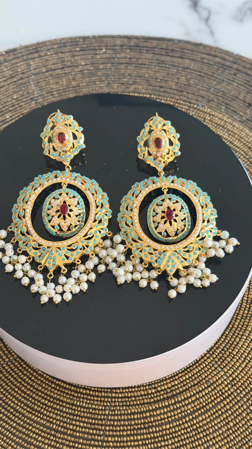 Gold-tone 21k plated Statement Earrings with Pearls and Stones