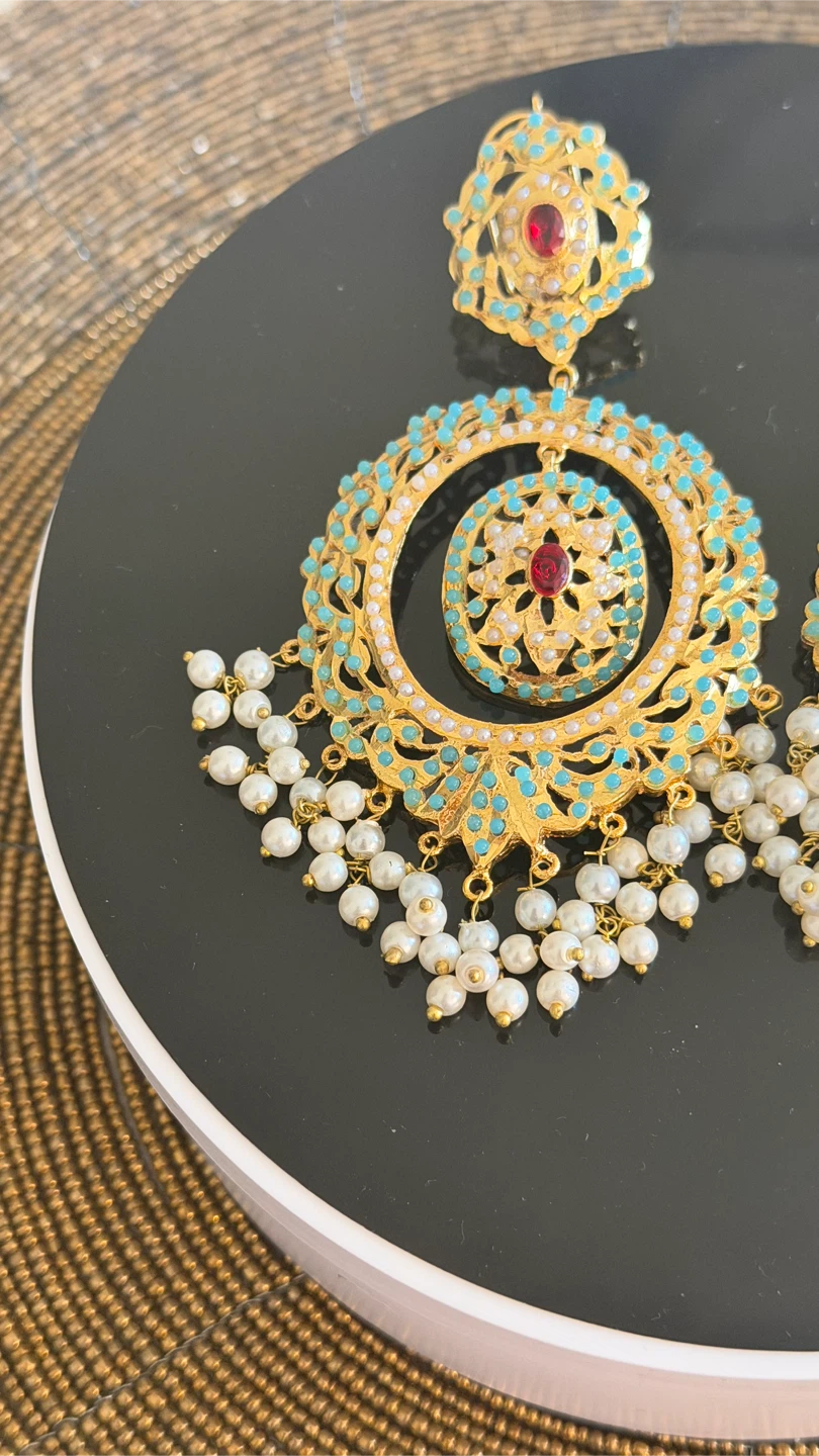 Gold-tone 21k plated Statement Earrings with Pearls and Stones - photo 2