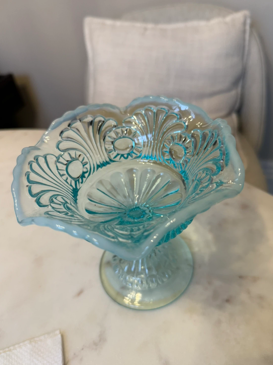 Vintage Anchor Hocking Blue Glass Pedestal Bowl