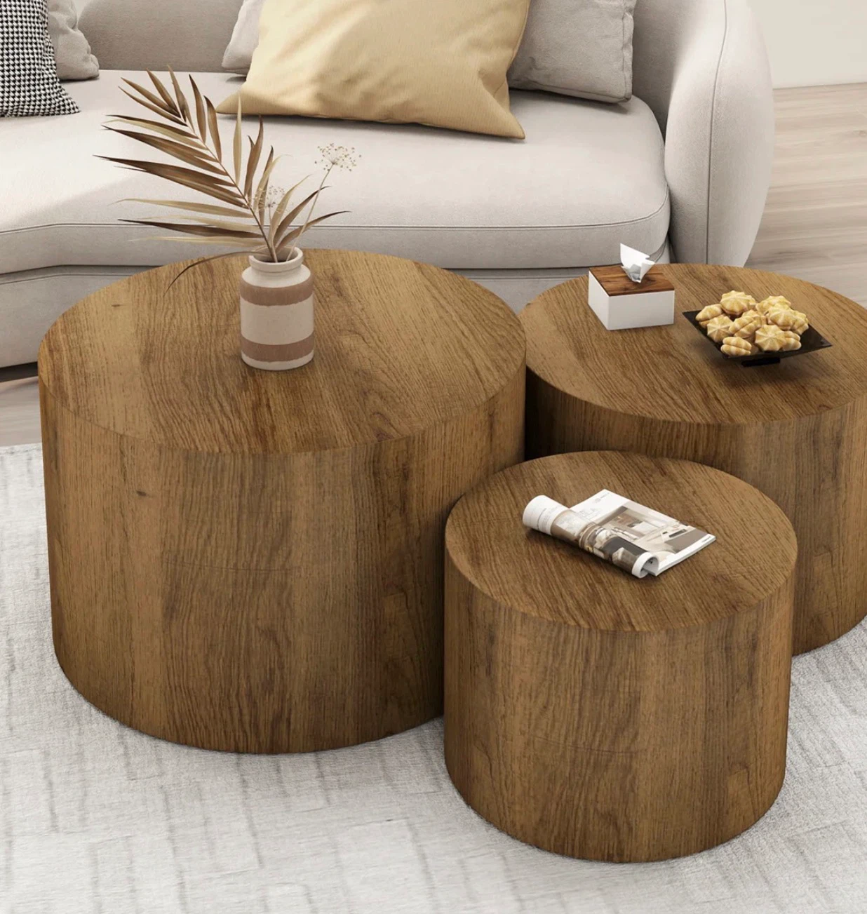 Set of 3 Wood Grain Cylinder Coffee Tables