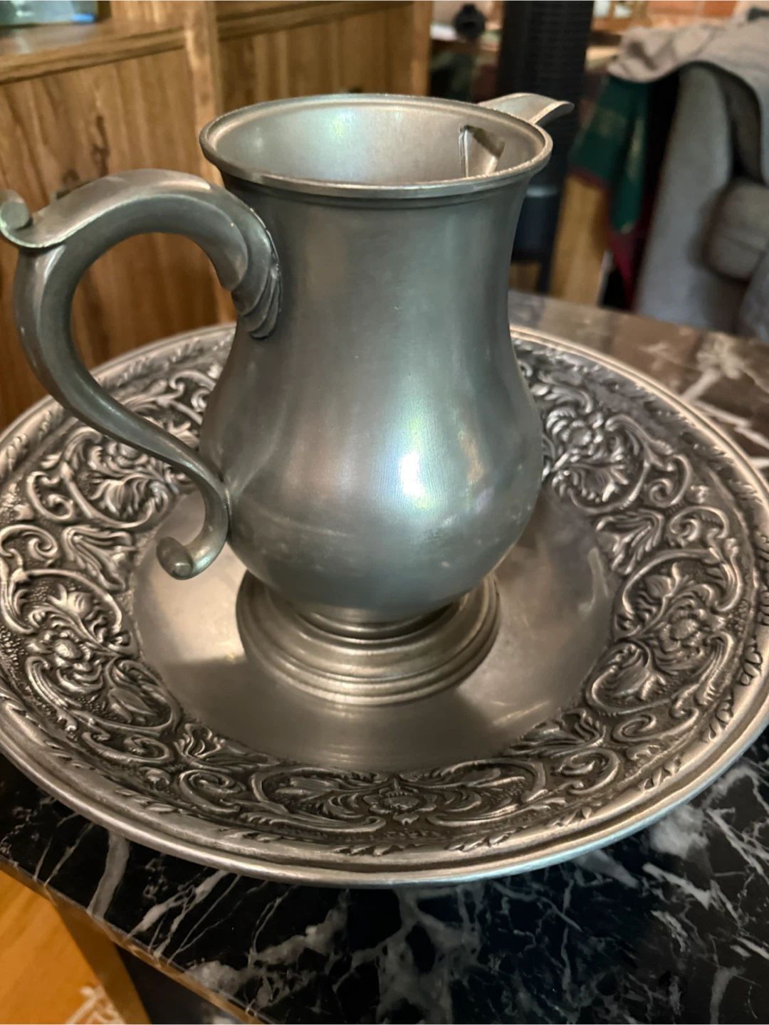 Vintage Pewter Pitcher and Decorative Plate Set