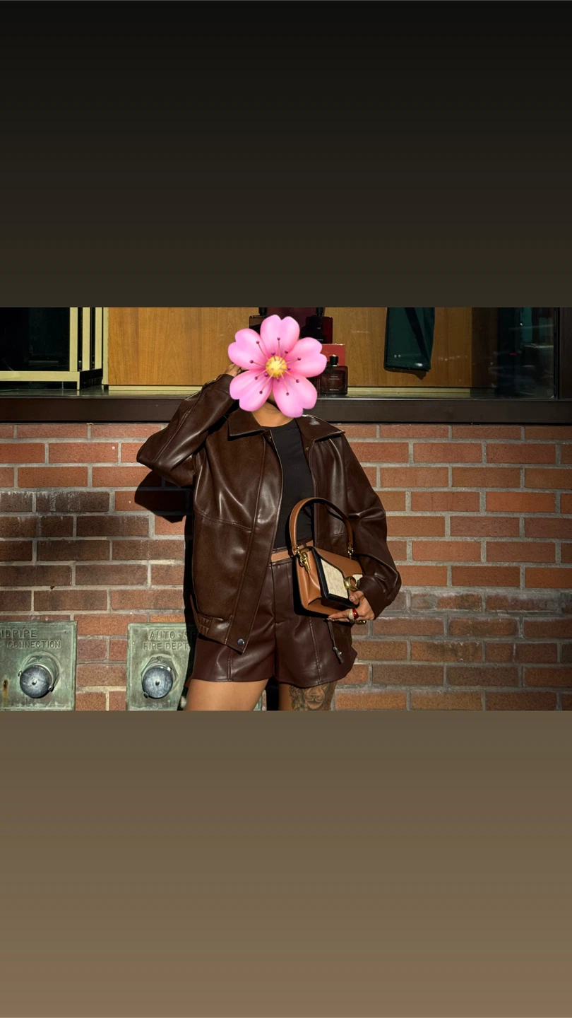 Dark brown faux leather matching jacket and shorts set