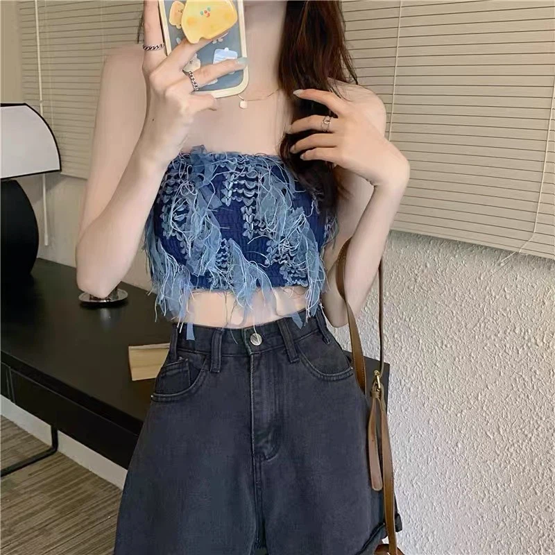 Blue strapless frayed tube top