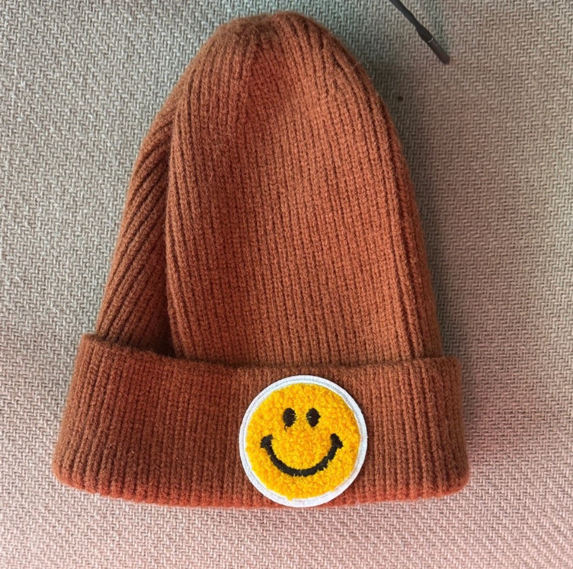 Brown Ribbed Beanie with Smiley Patch