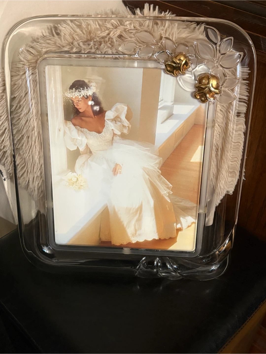 Vintage Glass Picture Frame with Gold Rose Accents
