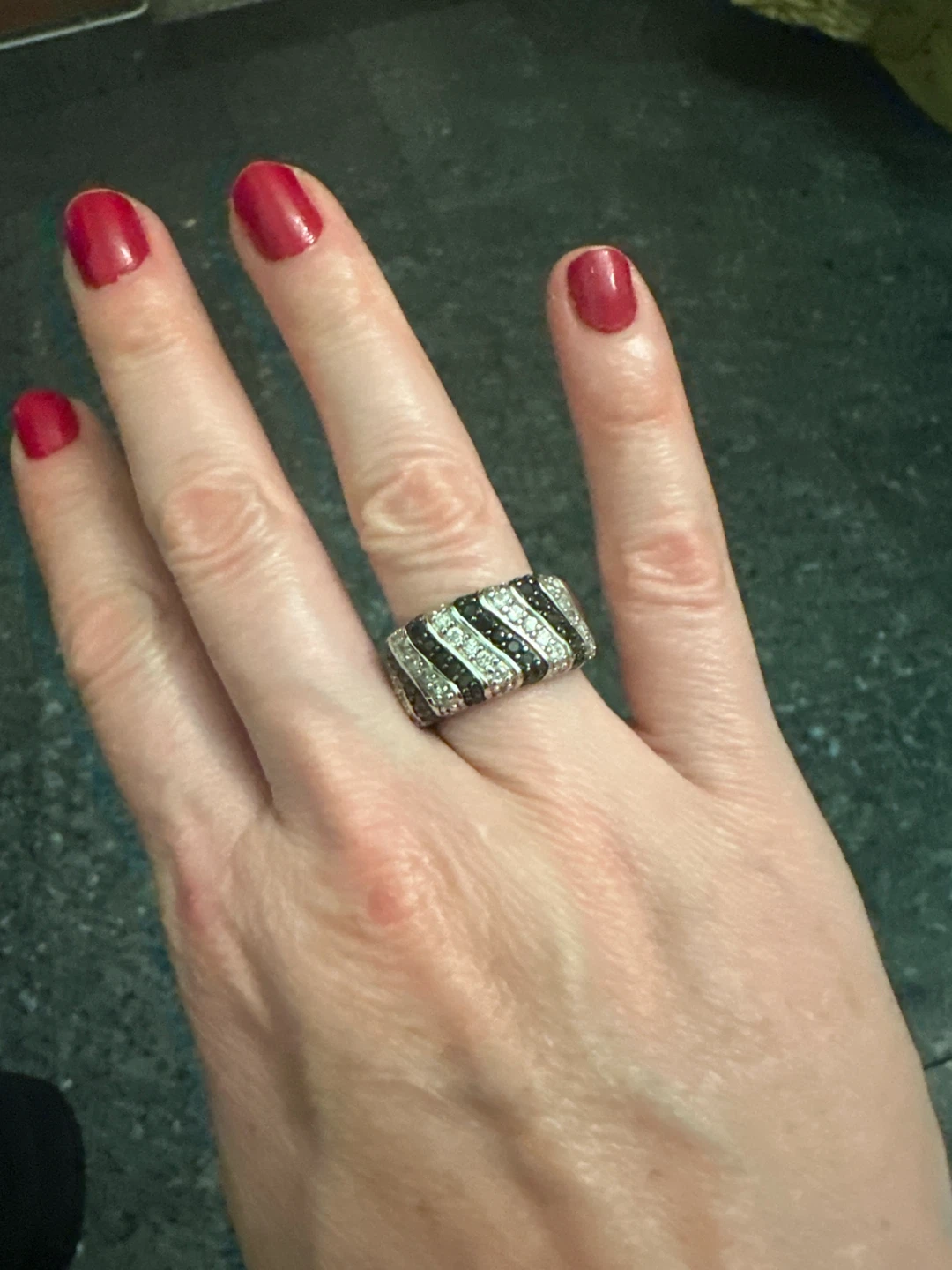 Silver-Tone Ring with Black and Clear Stones