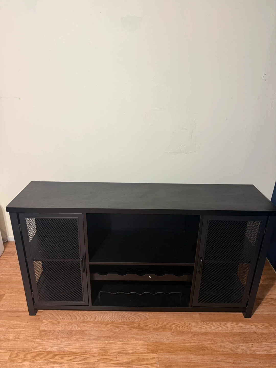 Black Media Console with Mesh Cabinet Doors