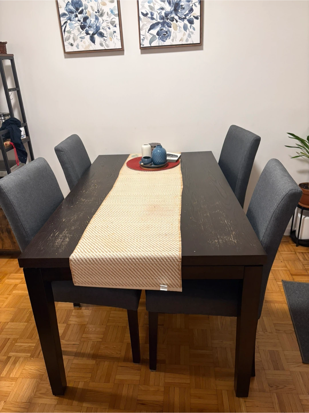 Dark Brown Dining Table with 4 Grey Chairs