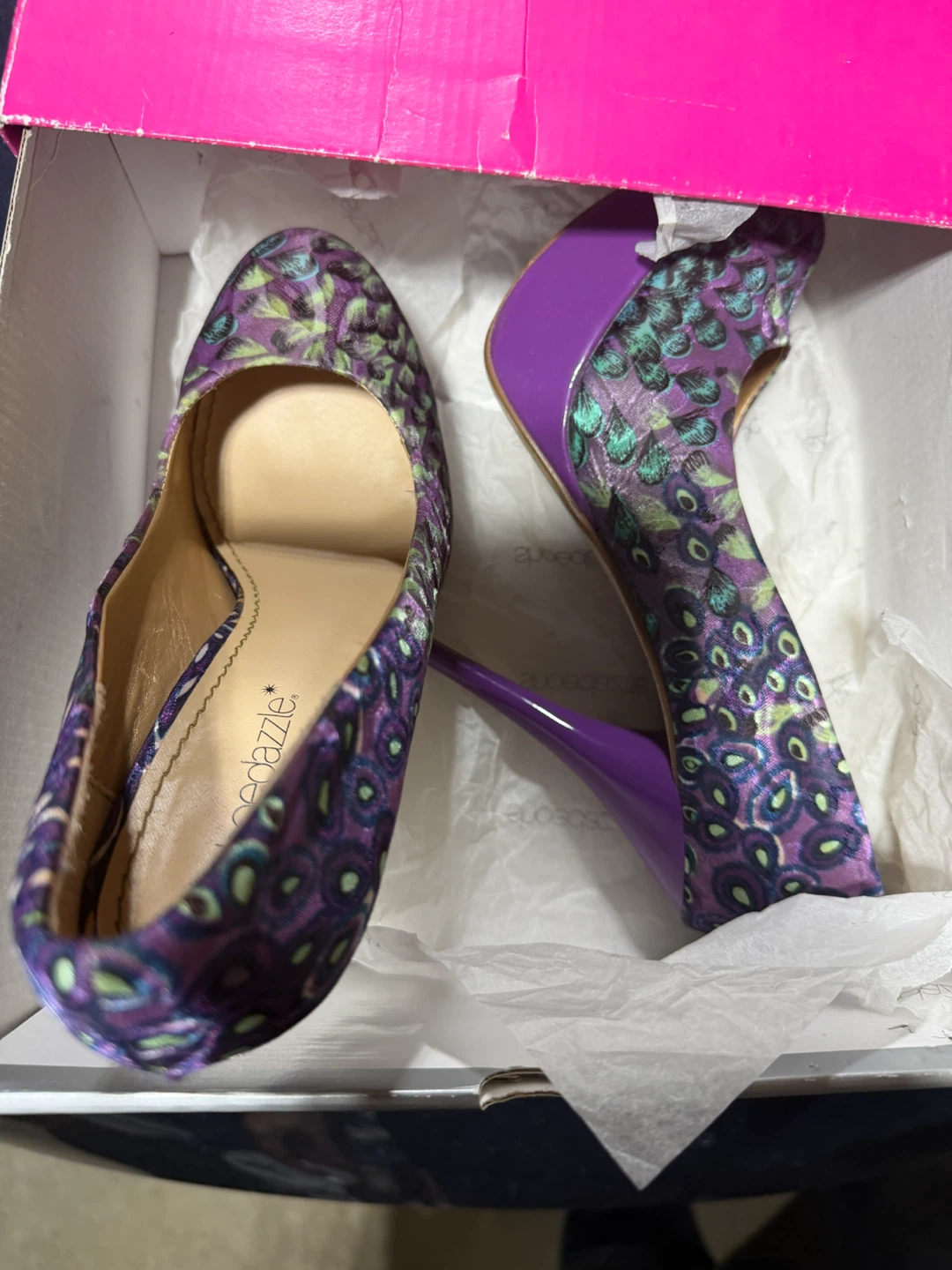 ShoeDazzle Purple Peacock Pattern Heels