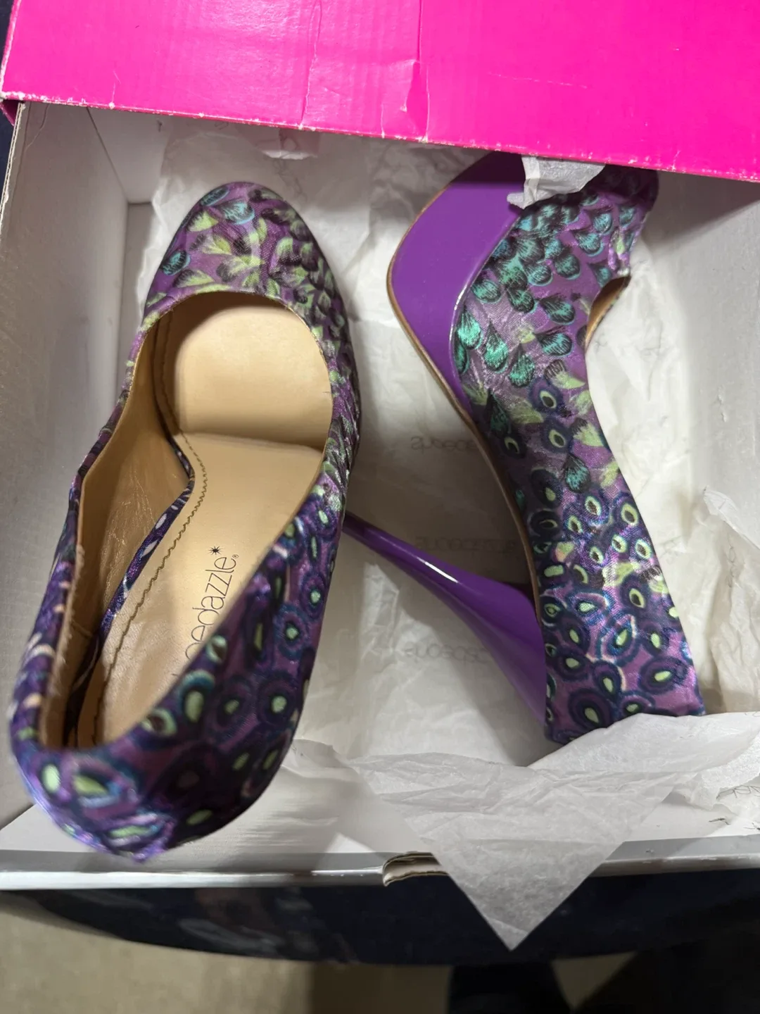 ShoeDazzle Purple Peacock Pattern Heels