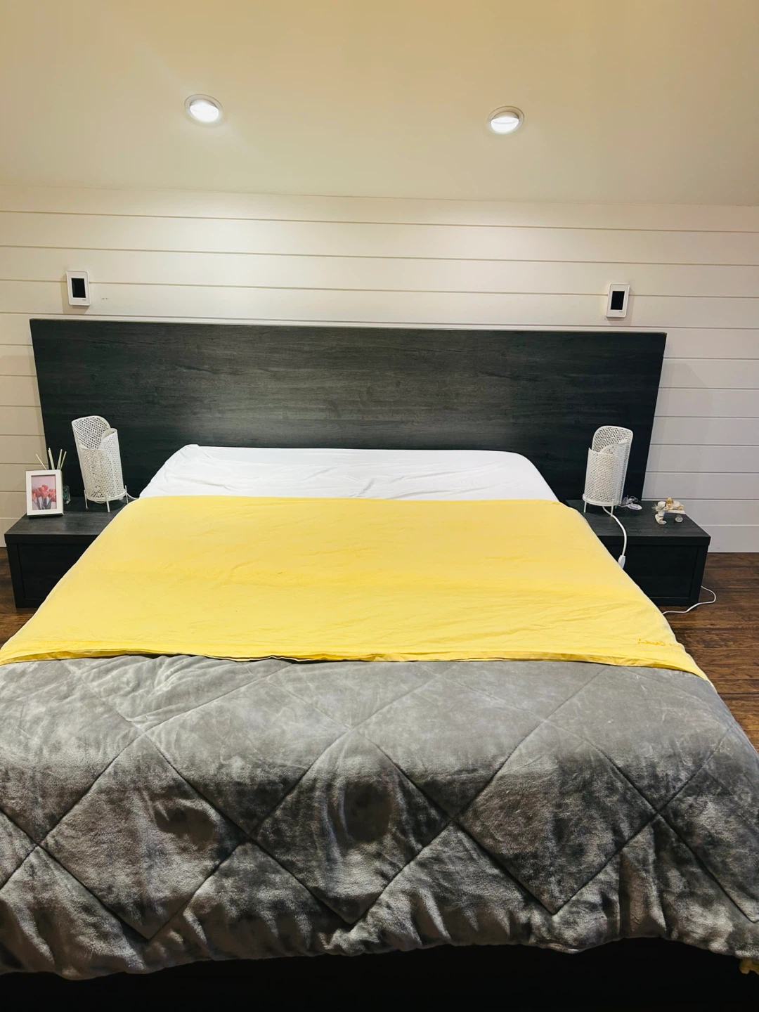 Modern Dark Wood Headboard with Built-in Nightstands