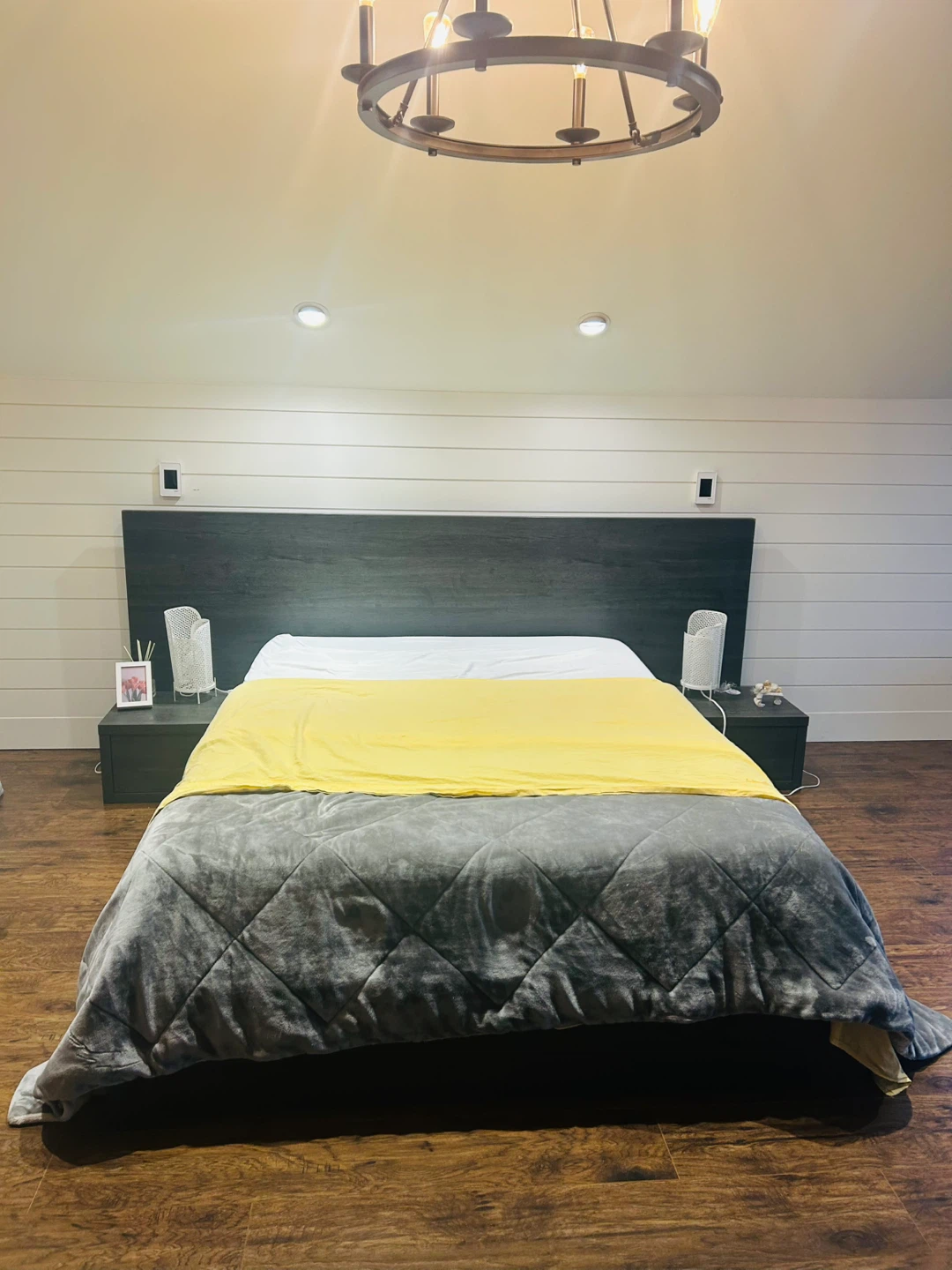 Modern Dark Wood Headboard with Built-in Nightstands - photo 2